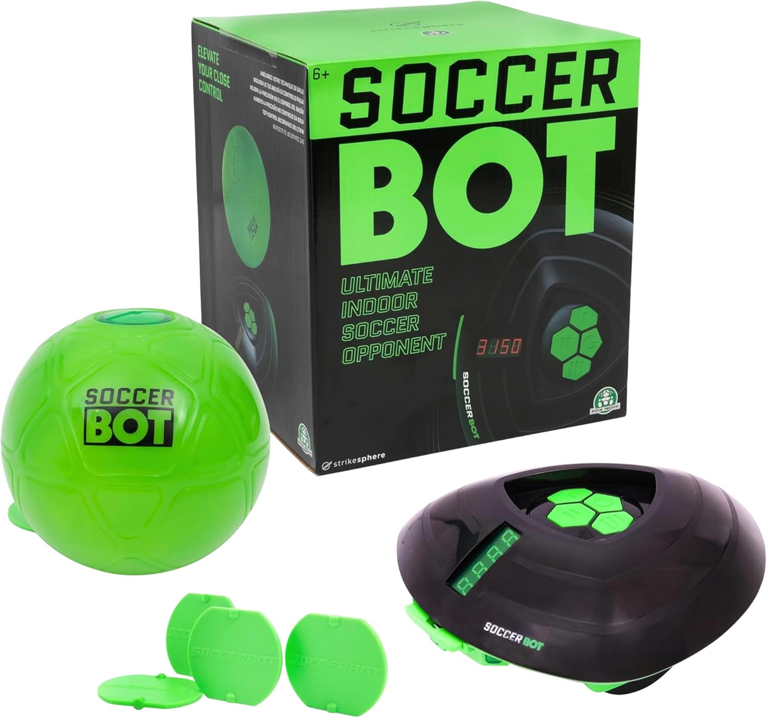 Smart Ball Soccer Bot set: black robot with green buttons and LCD score display, green size 1 smart ball, four green zone discs and the Soccer Bot box