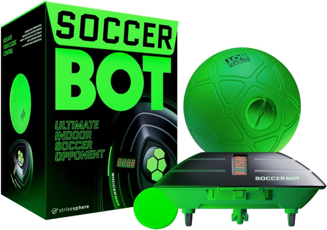 Strikesphere Soccer Bot box labeled Ultimate Indoor Soccer Opponent, with the green smart ball resting on the robot and a green zone disc in front