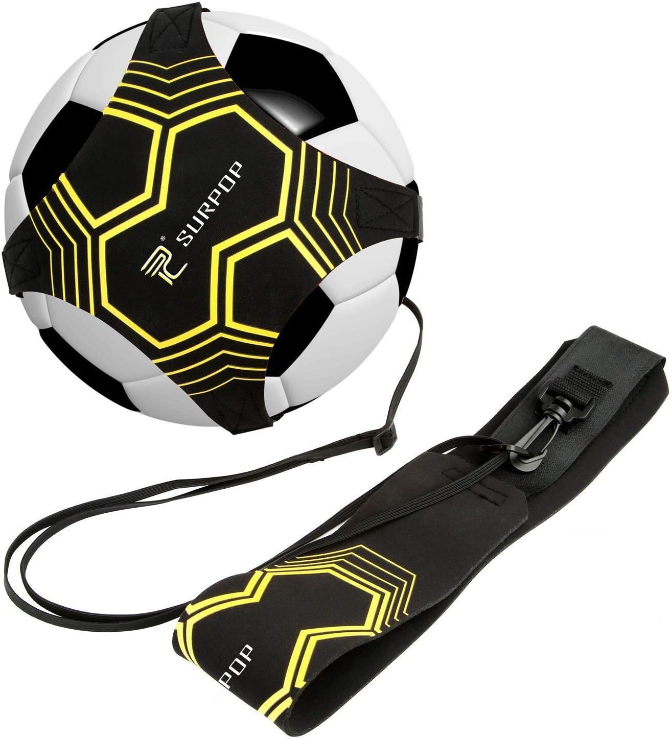 Surpop solo kick trainer: black and yellow ball harness on a soccer ball, connected by an elastic cord to an adjustable waist belt