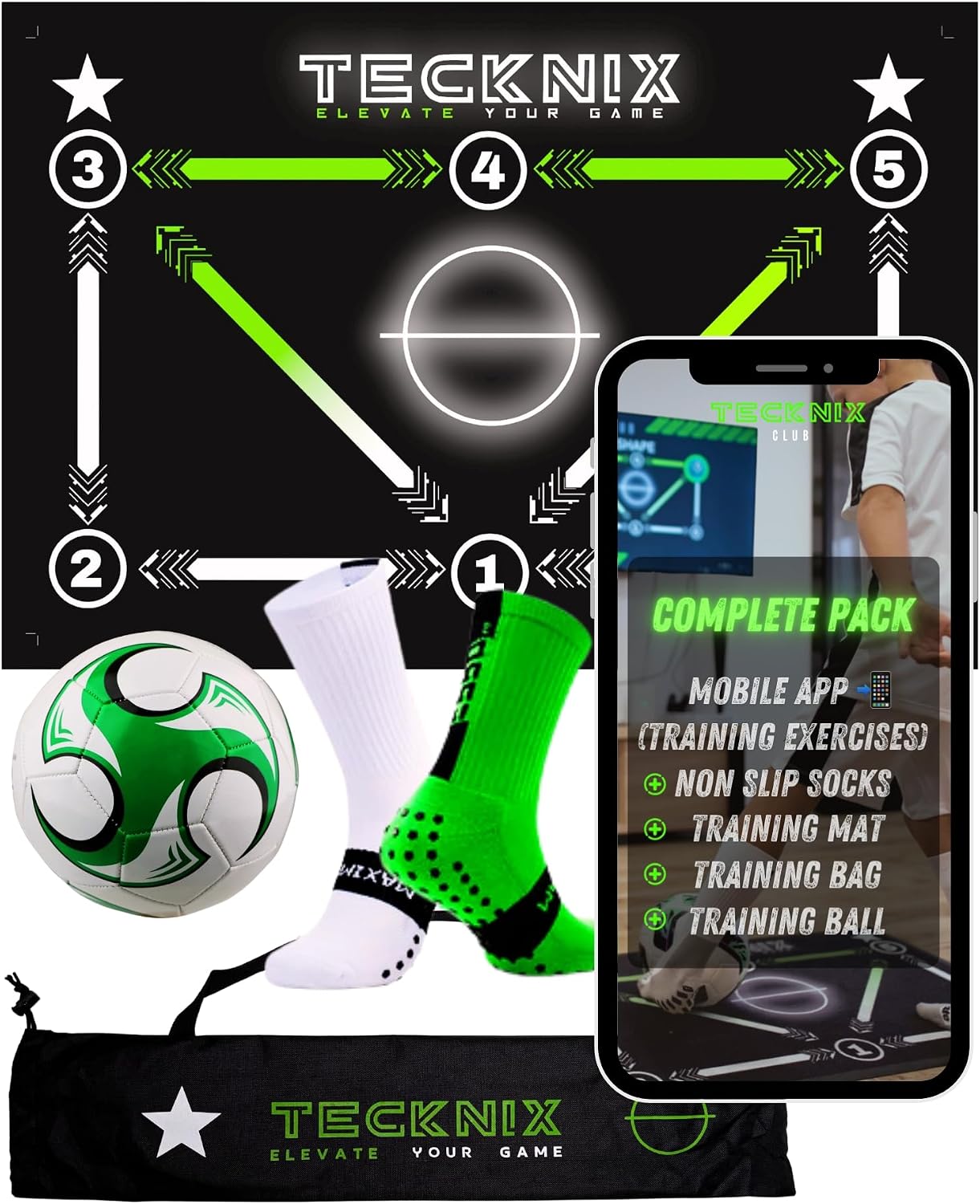 TECKNIX soccer training mat with numbered touch points and arrows, shown with a white and green ball, grip socks, a drawstring bag and a phone running the training app